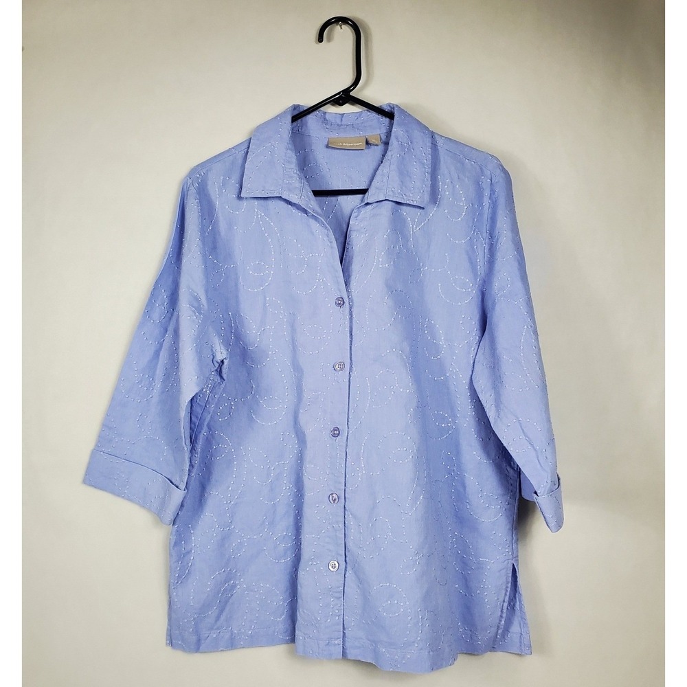 Croft & Barrow Womens XL Blue Linen Blend Embroidered 3/4 Sleeve Button Up Shirt